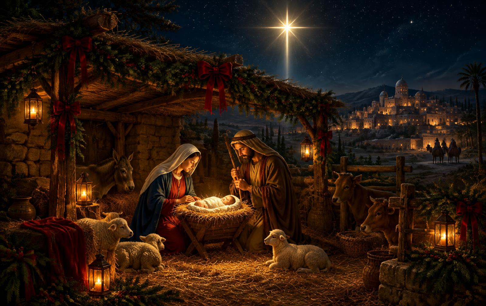 Mary and Joseph with baby Jesus in the manger under the Star of Bethlehem